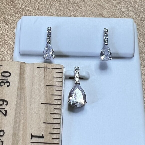 925 STERLING SILVER Cubic Zirconia Stud Earrings and Pendant Rhodium Finish Set - Picture 4 of 11